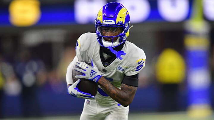 Oct 24, 2024; Inglewood, California, USA; Los Angeles Rams wide receiver Tutu Atwell (5) runs the ball against the Minnesota Vikings during the second half at SoFi Stadium.