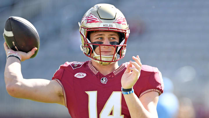 Nov 2, 2024; Tallahassee, Florida, USA; Florida State Seminoles quarterback Luke Kromenhoek (14) warms up before a game against the North Carolina Tarheels at Doak S. Campbell Stadium. Mandatory Credit: Robert Myers-Imagn Images Nov 2, 2024; Tallahassee, Florida, USA; Florida State Seminoles quarterback Luke Kromenhoek (14) warms up before a game against the North Carolina Tarheels at Doak S. Campbell Stadium. Mandatory Credit: Robert Myers-Imagn Images