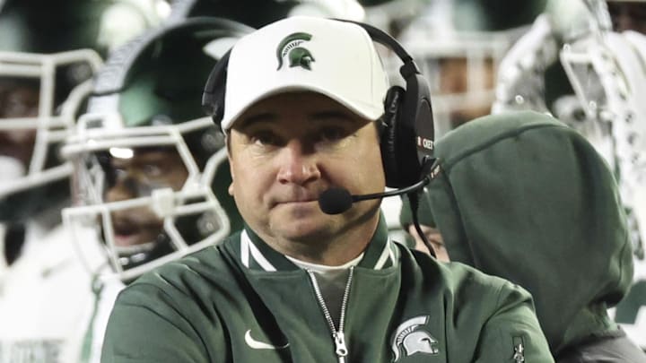 Oct 26, 2024; Ann Arbor, Michigan, USA;  Michigan State Spartans head coach Jonathan Smith on the sideline in the second half against the Michigan Wolverines at Michigan Stadium. Mandatory Credit: Rick Osentoski-Imagn Images