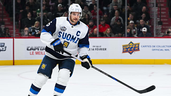 Feb 13, 2025; Montreal, Quebec, CAN; [Imagn Images direct customers only] Team Finland forward Aleksander Barkov (16) skates against Team USA in the first period during a 4 Nations Face-Off ice hockey game at Bell Centre. Mandatory Credit: David Kirouac-Imagn Images