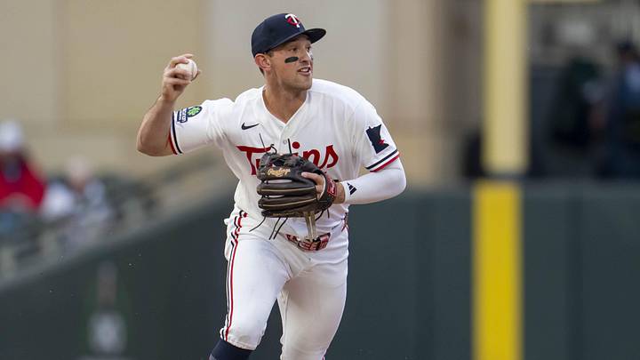 May 18, 2026; Minneapolis, Minnesota, USA; Minnesota Twins shortstop Brooks Lee (22) throws the ball to second base for an out against the Houston Astros in the first inning at Target Field. May 18, 2026; Minneapolis, Minnesota, USA; Minnesota Twins shortstop Brooks Lee (22) throws the ball to second base for an out against the Houston Astros in the first inning at Target Field.