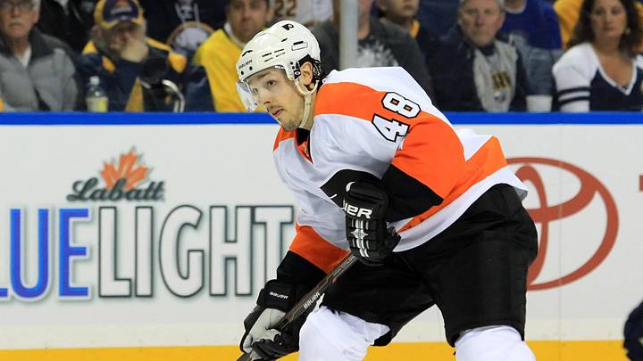 Apr 18, 2011; Buffalo, NY, USA; Philadelphia Flyers center Danny Briere (48) in play against the Buffalo Sabres during game one of game of the first round of the 2011 Stanley Cup playoffs at HSBC Arena. Mandatory Credit: Kevin Hoffman-USA TODAY Sports