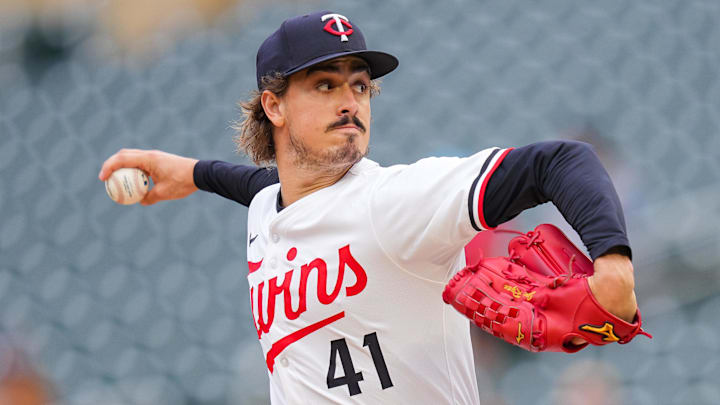 Jun 25, 2025; Minneapolis, Minnesota, USA; Minnesota Twins pitcher Joe Ryan (41) pitches against the Seattle Mariners in the first inning at Target Field. Mandatory Credit: Brad Rempel-Imagn Images