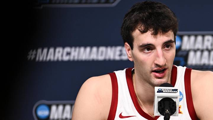Mar 22, 2026; St. Louis, MO, USA; Iowa State Cyclones forward Milan Momcilovic (22) speaks during the postgame press conference after the game against the Kentucky Wildcats during a second round game of the men's 2026 NCAA Tournament at Enterprise Center. Mandatory Credit: Jeff Le-Imagn Images