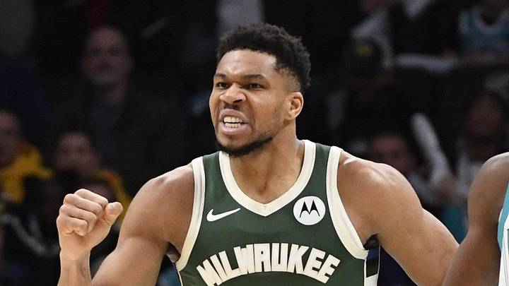 Dec 29, 2025; Charlotte, North Carolina, USA;  Milwaukee Bucks forward Giannis Antetokounmpo (34) reacts after scoring during the second half against the Charlotte Hornets at the Spectrum Center. Mandatory Credit: Sam Sharpe-Imagn Images