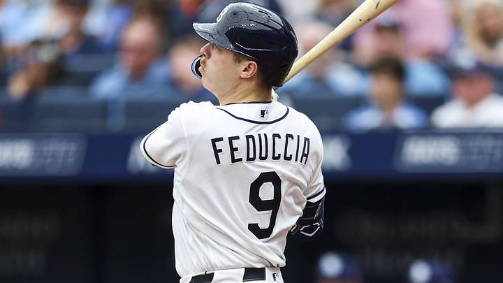 May 20, 2026; St. Petersburg, Florida, USA; Tampa Bay Rays catcher Hunter Feduccia (9) hits a home run against the Baltimore Orioles in the second inning at Tropicana Field. May 20, 2026; St. Petersburg, Florida, USA; Tampa Bay Rays catcher Hunter Feduccia (9) hits a home run against the Baltimore Orioles in the second inning at Tropicana Field.