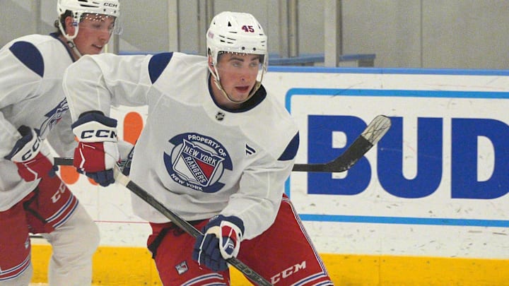 NY Rangers prospect Drew Fortescue of Pearl River at development camp at the MSG Training Center in Tarrytown July 1, 2025.