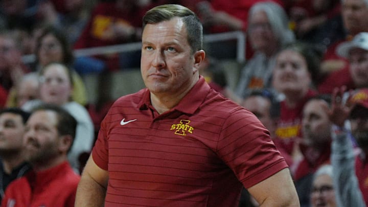 Iowa State Cyclones men's basketball head coach T.J. Otzelberger watches the game from the bench during the second half in the Big-12 conference men’s basketball against Texas Tech on Feb. 28, 2026, at Hilton Coliseum in Ames, Iowa.