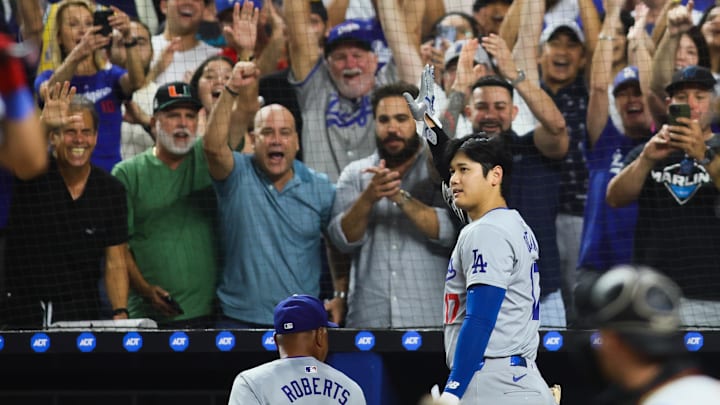 Ohtani went 6-for-6 with three homers, two stolen bases and 10 RBIs in the Dodgers' 20–4 win over the Marlins.