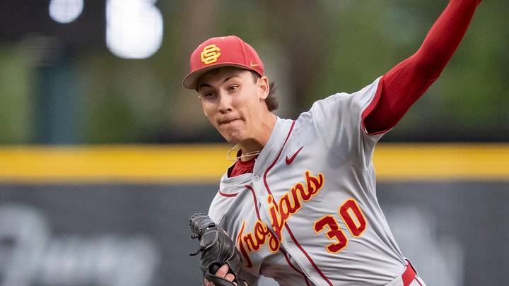 USC pitcher Mason Edwards throws a pitch as the Oregon Ducks host the USC Trojans on May 14, 2026, in Eugene, Oregon. USC pitcher Mason Edwards throws a pitch as the Oregon Ducks host the USC Trojans on May 14, 2026, in Eugene, Oregon.