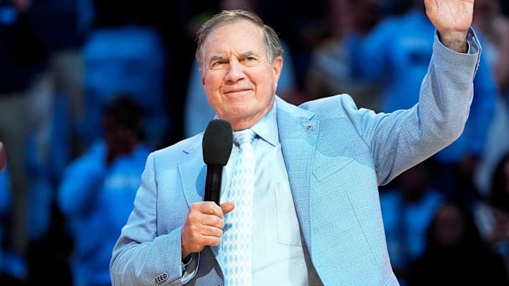 Dec 14, 2024; Chapel Hill, North Carolina, USA; North Carolina Tar Heels head football coach Bill Belichick during half time at Dean E. Smith Center. Mandatory Credit: Bob Donnan-Imagn Images