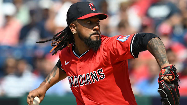 Jun 11, 2025; Cleveland, Ohio, USA; Cleveland Guardians relief pitcher Emmanuel Clase (48) throws a pitch during the ninth inning against the Cincinnati Reds at Progressive Field. Mandatory Credit: Ken Blaze-Imagn Images Jun 11, 2025; Cleveland, Ohio, USA; Cleveland Guardians relief pitcher Emmanuel Clase (48) throws a pitch during the ninth inning against the Cincinnati Reds at Progressive Field. Mandatory Credit: Ken Blaze-Imagn Images