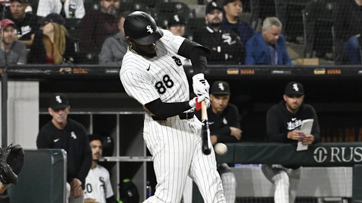 Sep 25, 2024; Chicago, Illinois, USA;  Chicago White Sox outfielder Luis Robert Jr. (88) hits a double against the Los Angeles Angels during the seventh inning at Guaranteed Rate Field.