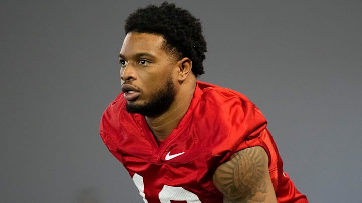 Ohio State Buckeyes running back C.J. Donaldson (12) warms up during spring football practice at the Woody Hayes Athletic Center on March 17, 2025.