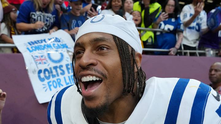 Indianapolis Colts running back Jonathan Taylor reacts after a game