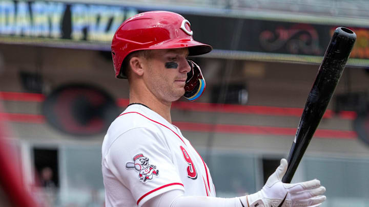 Cincinnati Reds second baseman Matt McLain (9) stands in the on-deck circle in the ninth inning of the MLB National League game between the Cincinnati Reds and the San Francisco Giants at Great American Ball Park on Thursday, April 16, 2026. The Giants won 3-0.