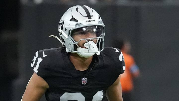 Aug 13, 2026; Paradise, Nevada, USA; Las Vegas Raiders safety Treydan Stukes (31) against the Arizona Cardinals in the first half at Allegiant Stadium. Mandatory Credit: Kirby Lee-Imagn Images