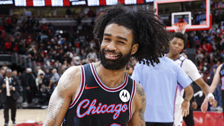 Jan 14, 2026; Chicago, Illinois, USA; Chicago Bulls guard Coby White (0) celebrates teams win against the Utah Jazz at United Center. Mandatory Credit: Kamil Krzaczynski-Imagn Images