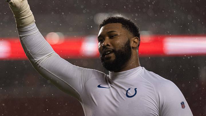 Santa Clara, California, USA; Indianapolis Colts defensive tackle DeForest Buckner (99) waves at fans after defeating the San Francisco 49ers at Levi's Stadium. Mandatory Credit: Stan Szeto-USA TODAY Sports