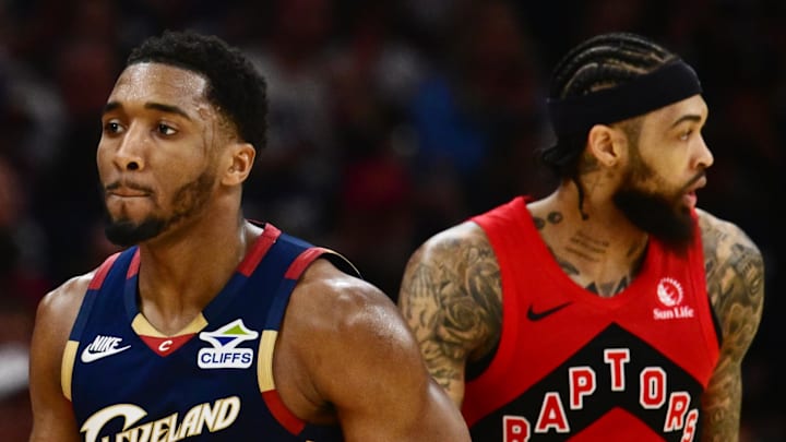 Cleveland Cavaliers guard Donovan Mitchell celebrates after hitting a three point basket against the Toronto Raptors.