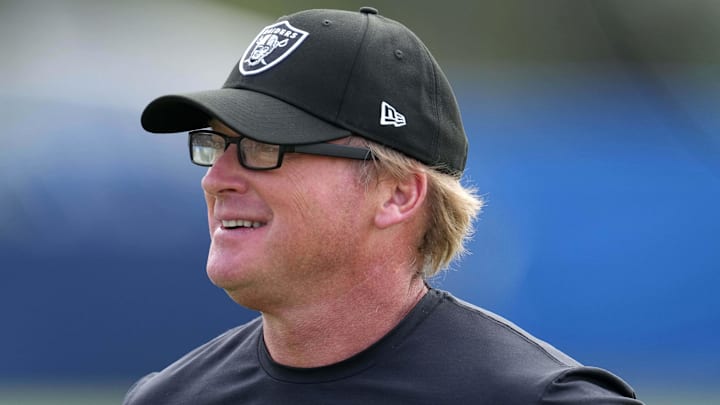 Aug 19, 2021; Thousand Oaks, CA, USA; Las Vegas Raiders coach Jon Gruden looks on during a joint practice against the Los Angeles Rams. Mandatory Credit: Kirby Lee-Imagn Images