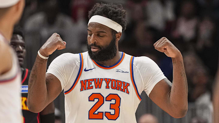Apr 6, 2026; Atlanta, Georgia, USA; New York Knicks center Mitchell Robinson (23) reacts after scoring on a put back shot against the Atlanta Hawks during the second half at State Farm Arena. Mandatory Credit: Dale Zanine-Imagn Images