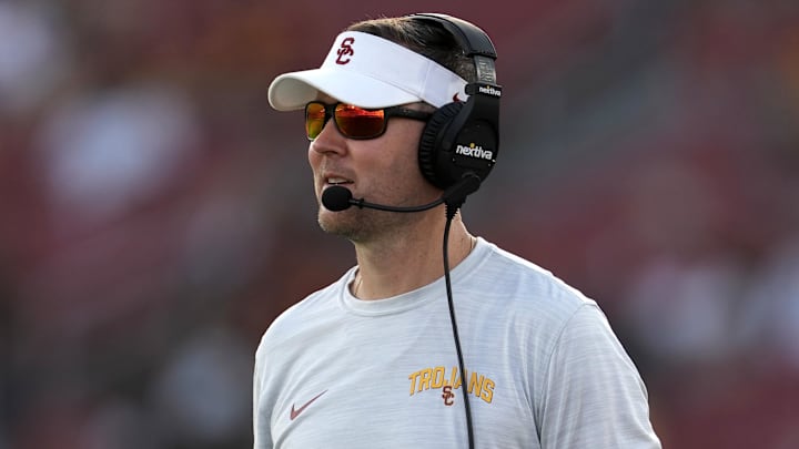 Sep 3, 2022; Los Angeles, California, USA; Southern California Trojans head coach Lincoln Riley reacts in the second half against the Rice Owls at United Airlines Field at Los Angeles Memorial Coliseum. Mandatory Credit: Kirby Lee-Imagn Images