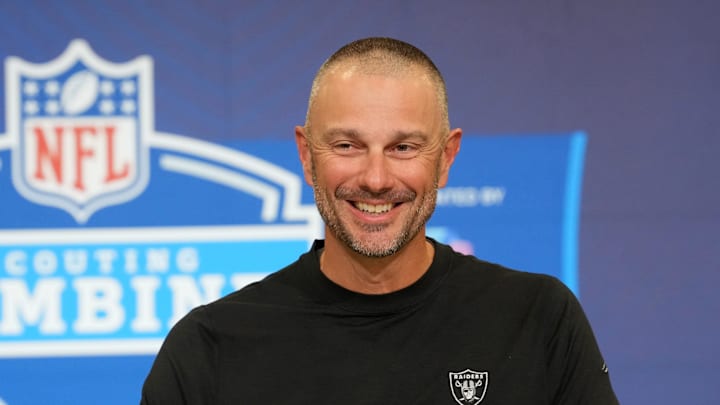 Feb 24, 2026; Indianapolis, IN, USA; Las Vegas Raiders general manager John Spytek speaks at the NFL Scouting Combine at the Indiana Convention Center. Mandatory Credit: Kirby Lee-Imagn Images