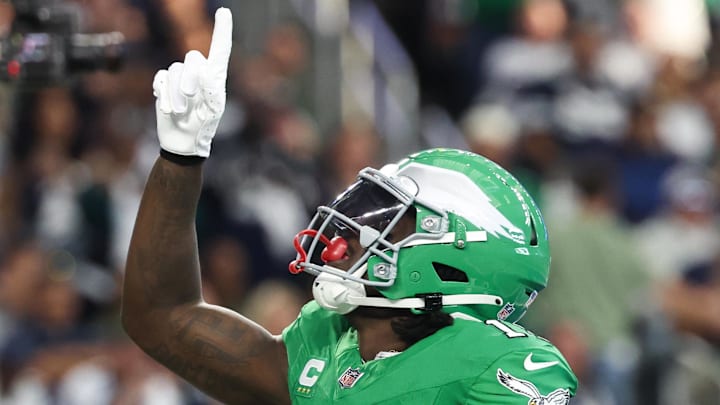Nov 23, 2025; Arlington, Texas, USA; Philadelphia Eagles wide receiver AJ. Brown (11) celebrates a touchdown in the first quarter against the Dallas Cowboys  at AT&T Stadium. Mandatory Credit: Kevin Jairaj-Imagn Images