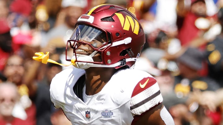 Sep 7, 2025; Landover, Maryland, USA; Washington Commanders running back Jacory Croskey-Merritt (22) reacts after a play during the second quarter against the New York Giants at Northwest Stadium. Mandatory Credit: Amber Searls-Imagn Images
