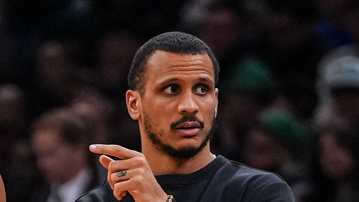 Apr 7, 2026; Boston, Massachusetts, USA; Boston Celtics head coach Joe Mazzulla with guard Derrick White (9) from the sideline as they take on the Charlotte Hornets at TD Garden. Mandatory Credit: David Butler II-Imagn Images