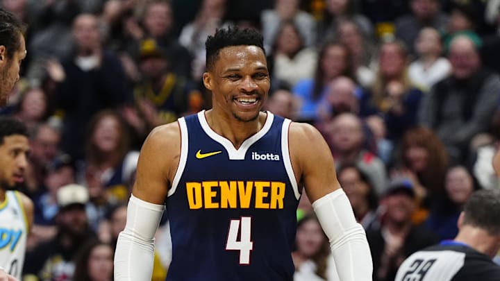 Apr 6, 2025; Denver, Colorado, USA; Denver Nuggets guard Russell Westbrook (4) and forward Aaron Gordon (32) during the second quarter against the Indiana Pacers at Ball Arena. Mandatory Credit: Ron Chenoy-Imagn Images Apr 6, 2025; Denver, Colorado, USA; Denver Nuggets guard Russell Westbrook (4) and forward Aaron Gordon (32) during the second quarter against the Indiana Pacers at Ball Arena. Mandatory Credit: Ron Chenoy-Imagn Images