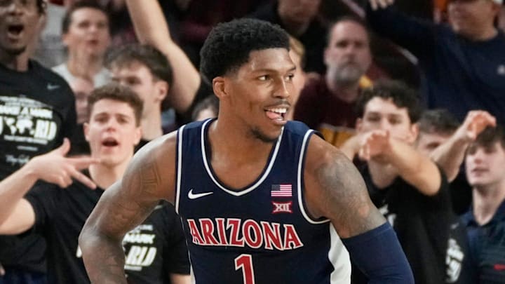 Arizona Wildcats guard Caleb Love (1) reacts after sinking a 3-point shot during a Big 12 men's basketball game against the Arizona State Sun Devils at Desert Financial Arena on Feb. 1, 2025, in Tempe.