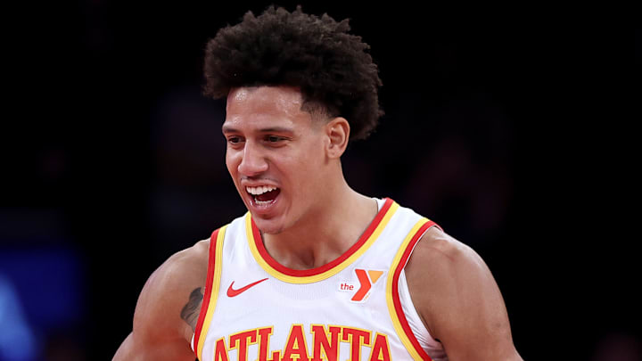 Jalen Johnson #1 of the Atlanta Hawks reacts against the New York Knicks.