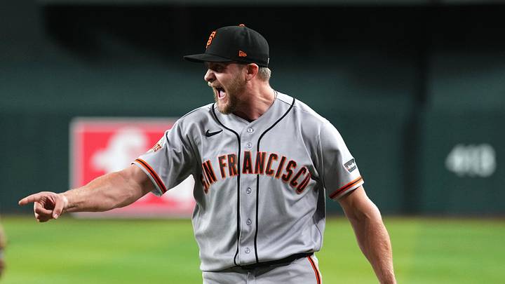 May 19, 2026; Phoenix, Arizona, USA; San Francisco Giants pitcher Keaton Winn (67) reacts after during the seventh inning against the Arizona Diamondbacks at Chase Field. Mandatory Credit: Joe Camporeale-Imagn Images