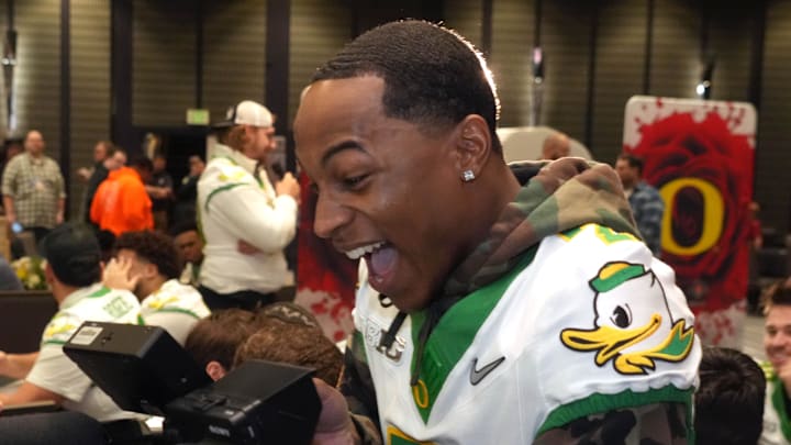 Dec 30, 2024; Los Angeles, CA, USA; Oregon Ducks wide receiver Evan Stewart (7) holds a video camera during Rose Bowl media day at Sheraton Grand LA. Mandatory Credit: Kirby Lee-Imagn Images