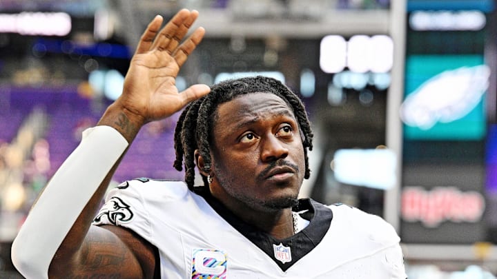 Oct 19, 2025; Minneapolis, Minnesota, USA; Philadelphia Eagles wide receiver A.J. Brown (11) celebrates after the win against the Minnesota Vikings at U.S. Bank Stadium. Mandatory Credit: Jeffrey Becker-Imagn Images
