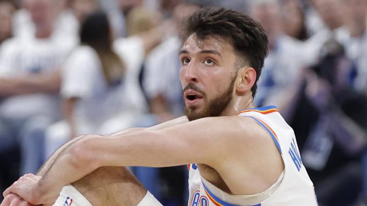 May 26, 2026; Oklahoma City, Oklahoma, USA; Oklahoma City Thunder center Chet Holmgren (7) reacts after a play during the third quarter against the San Antonio Spurs in game five of the western conference finals for the 2026 NBA playoffs at Paycom Center. Mandatory Credit: Alonzo Adams-Imagn Images