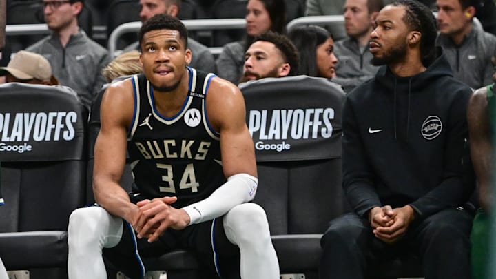 Apr 27, 2025; Milwaukee, Wisconsin, USA; Milwaukee Bucks forward Giannis Antetokounmpo (34) looks on in the final seconds of the game against the Indiana Pacers during game four of first round for the 2024 NBA Playoffs at Fiserv Forum.