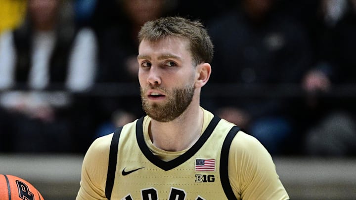 Jan 10, 2026; West Lafayette, Indiana, USA; Purdue Boilermakers guard Braden Smith (3) dribbles the ball down court during the second half against the Penn State Nittany Lions at Mackey Arena. Mandatory Credit: Marc Lebryk-Imagn Images