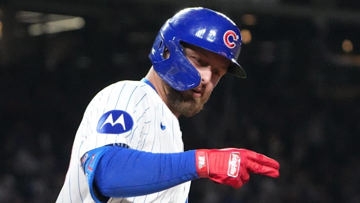 May 5, 2026; Chicago, Illinois, USA; Chicago Cubs first baseman Michael Busch (29) gestures after hitting a home run against the Cincinnati Reds during the eighth inning at Wrigley Field. Mandatory Credit: David Banks-Imagn Images