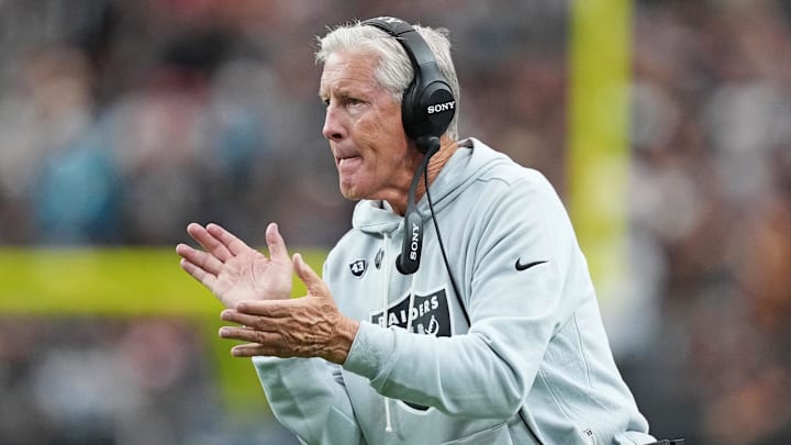 Nov 2, 2025; Paradise, Nevada, USA; Las Vegas Raiders head coach Pete Carroll looks on during the first half against the Jacksonville Jaguars at Allegiant Stadium. Mandatory Credit: Kirby Lee-Imagn Images