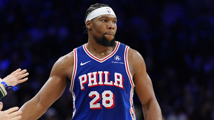 Feb 4, 2025; Philadelphia, Pennsylvania, USA; Philadelphia 76ers forward Guerschon Yabusele (28) reacts against the Dallas Mavericks in the fourth quarter at Wells Fargo Center. Mandatory Credit: Kyle Ross-Imagn Images