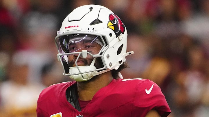 Cardinals quarterback Kyler Murray (1) reacts after a three and out against the Commanders during a game at State Farm Stadium in Glendale on Sept. 29, 2024.