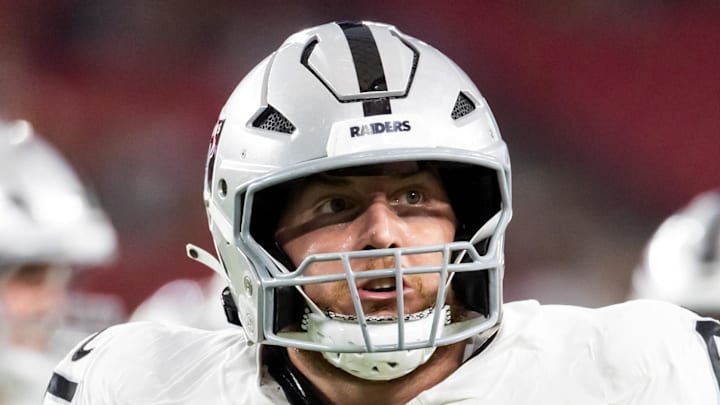 Aug 23, 2025; Glendale, Arizona, USA; Las Vegas Raiders guard Alex Cappa (65) against the Arizona Cardinals during a preseason NFL game at State Farm Stadium. Mandatory Credit: Mark J. Rebilas-Imagn Images