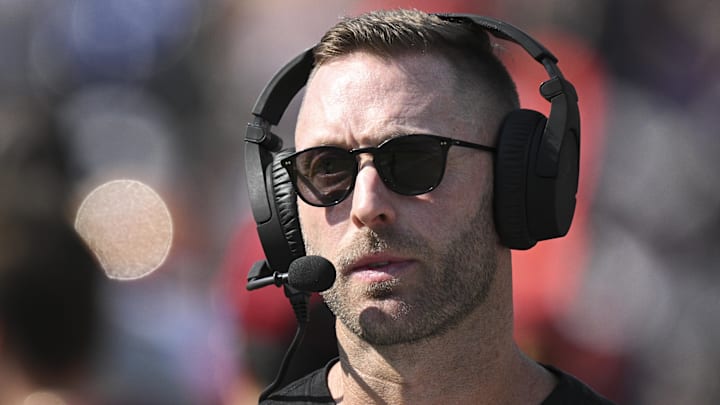Oct 13, 2024; Baltimore, Maryland, USA;  Washington Commanders offensive coordinator Kliff Kingsbury on the sidelines during the first half against the Baltimore Ravens at M&T Bank Stadium. Mandatory Credit: Tommy Gilligan-Imagn Images