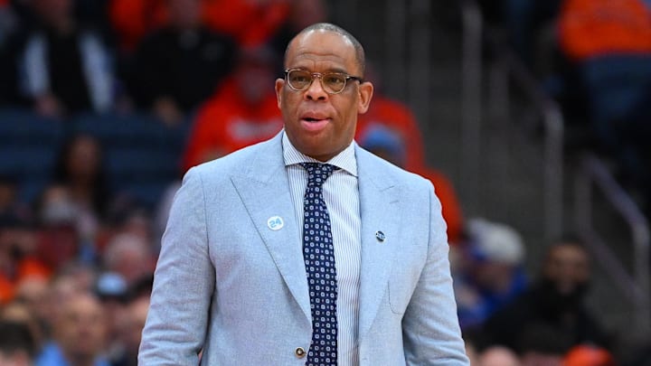Feb 21, 2026; Syracuse, New York, USA; North Carolina Tar Heels head coach Hubert Davis looks on during the first half against the Syracuse Orange at the JMA Wireless Dome. Mandatory Credit: Rich Barnes-Imagn Images