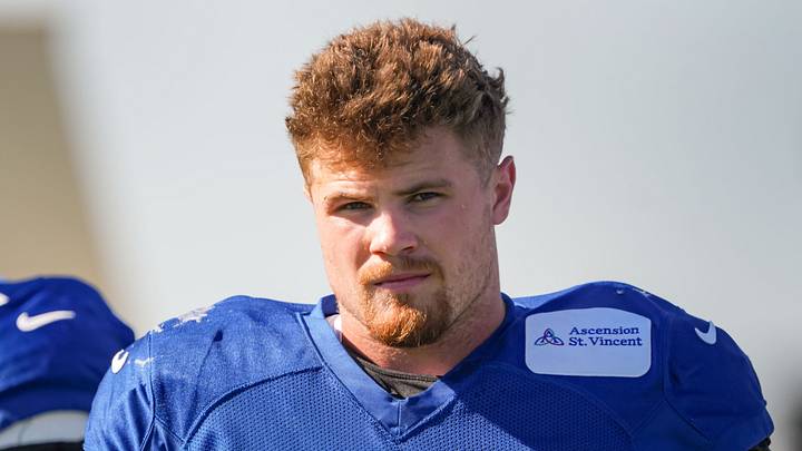 Indianapolis Colts linebacker Bryce Boettcher (50) walks up the field Tuesday, Aug. 4, 2026, during practice at Colts Camp at Grand Park in Westfield. 