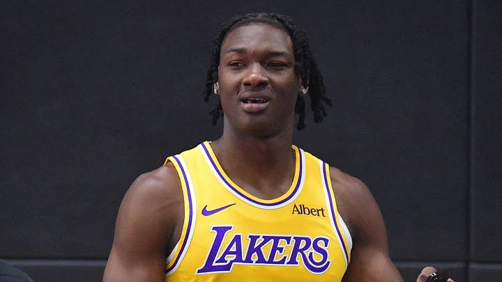 Sep 28, 2026; El Segundo, CA, USA; Los Angeles Lakers player Adou Thiero (1) during media day at UCLA Health Training Center.  Mandatory Credit: Gary A. Vasquez-Imagn Images