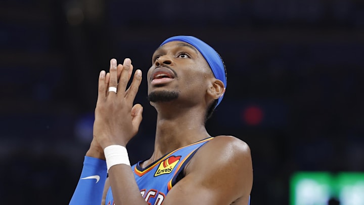 May 22, 2025; Oklahoma City, Oklahoma, USA; Oklahoma City Thunder guard Shai Gilgeous-Alexander (2) reacts after a play against the Minnesota Timberwolves in the third quarter during game two of the western conference finals for the 2025 NBA Playoffs at Paycom Center. Mandatory Credit: Alonzo Adams-Imagn Images